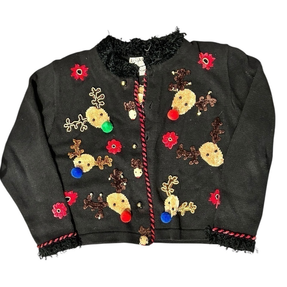 Jack B. Quick Vintage Christmas Sweater Reindeer Bells Poinsettias Size Medium